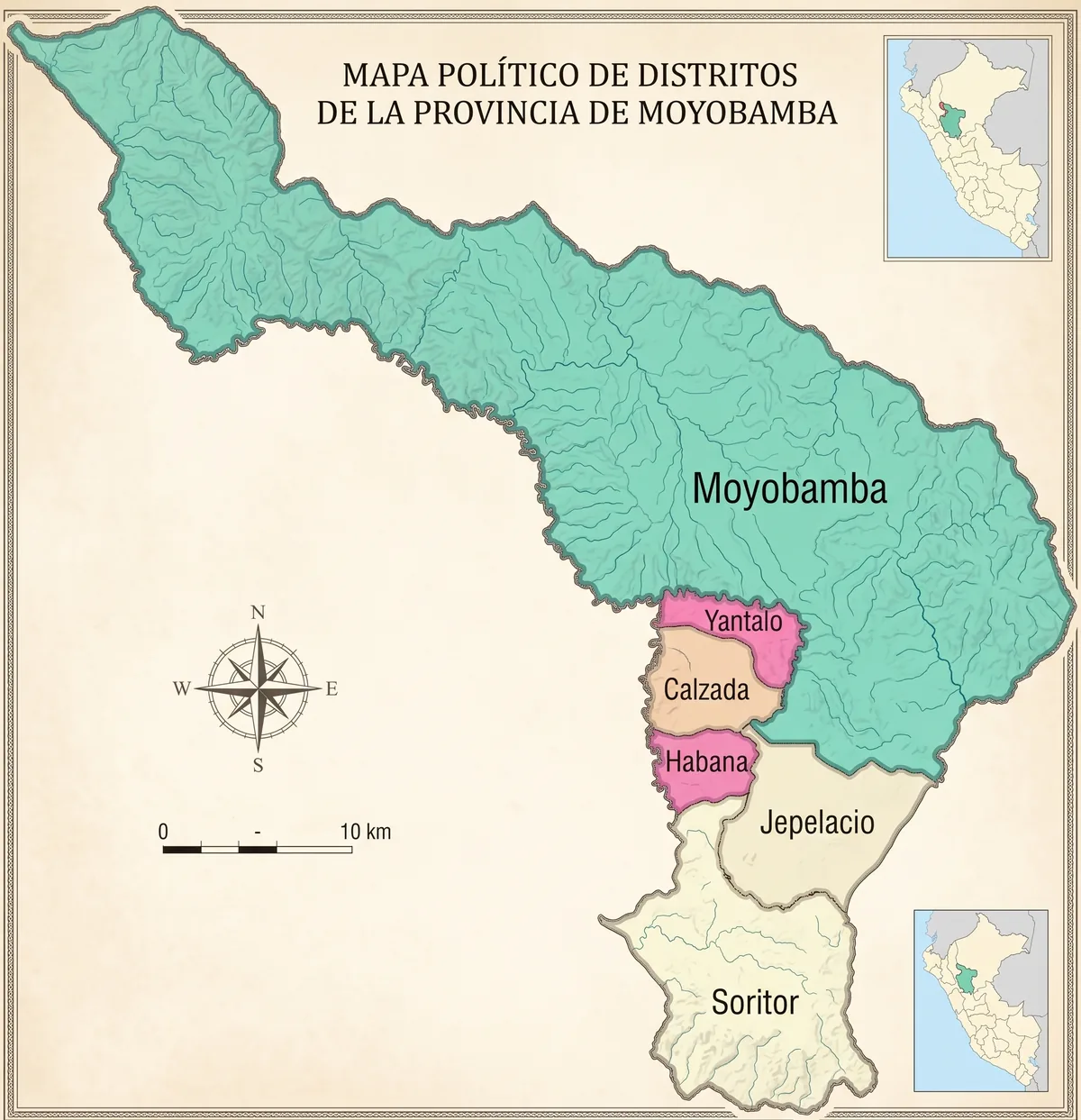 Mapa político de distritos de la provincia de Moyobamba, con Moyobamba, Jepelacio y Soritor